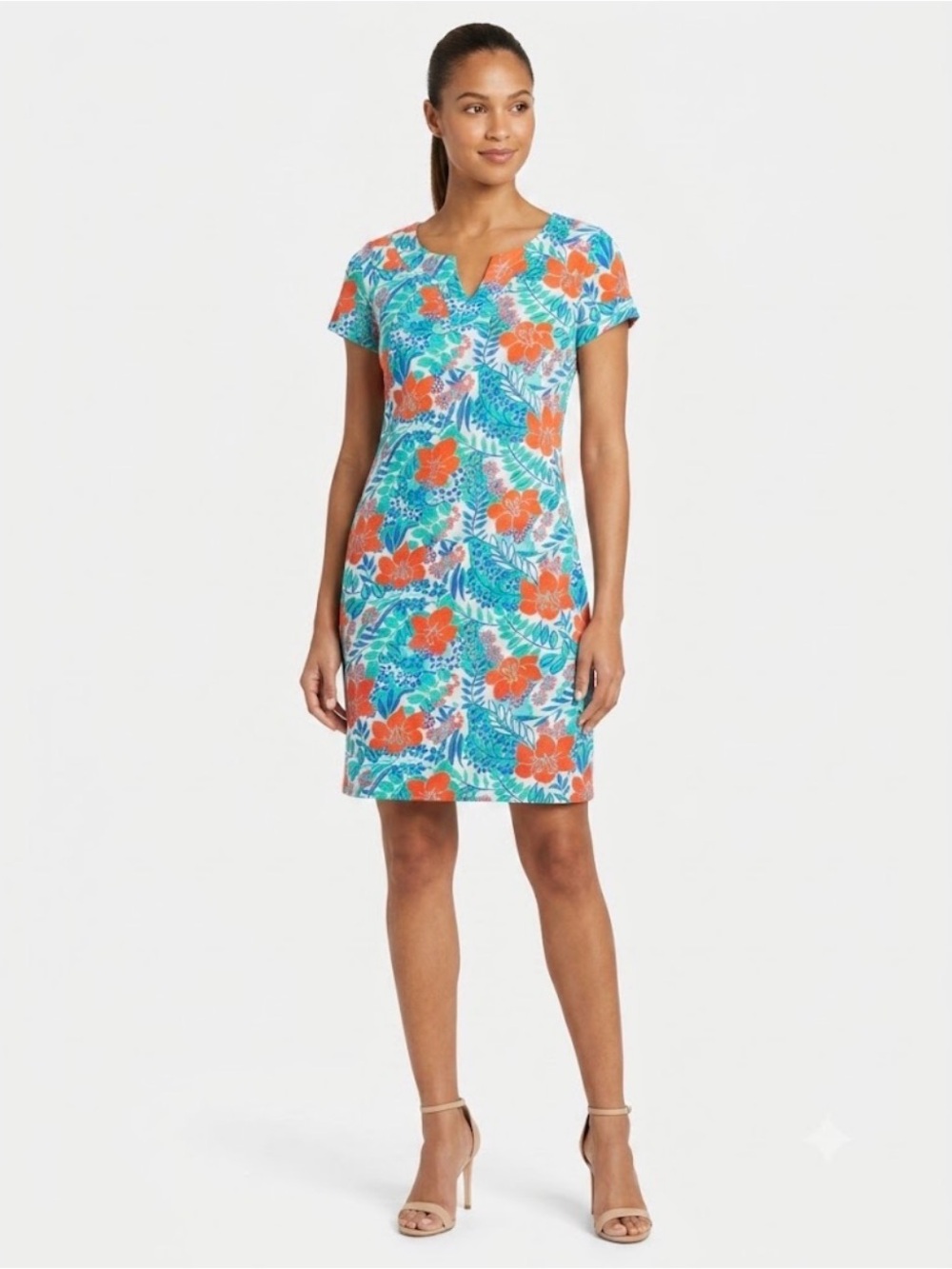 Talbots Floral Slub Knit T-Shirt Shift Dress Cotton Size Medium